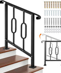 Helluva Strong Outdoor Stair Handrail For Two Or Three Steps Solid Black Wrought Iron with installation parts displayed.