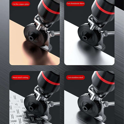 Sheet Metal Nibbler Drill Attachment cutting copper, aluminum, steel plates, displayed on various metals
