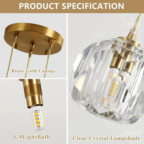 Product specifications for Three Light Crystal Cluster Pendant Chandelier in Gold Finish showing brass canopy, clear crystal lampshade, and G9 light bulb details.