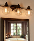 26 Inch 3 Light Traditional Schoolhouse Vanity Light With Clear Glass Shades In Gray Finish For Classic Bath Style