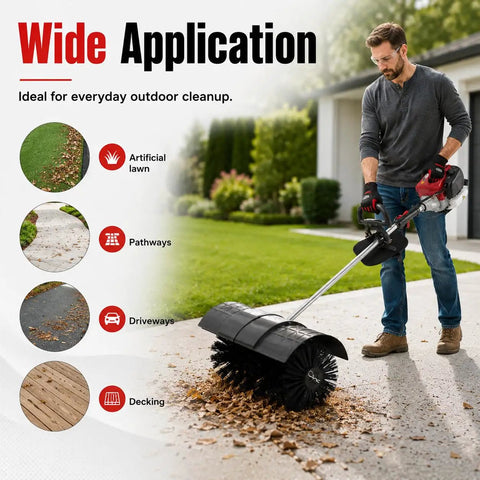 Powerful Gas Handheld Broom Sweeper With 1000W 4 Stroke Engine, 20 Inch Wide Lawn Yard Debris Cleaner For Streets, Parks And Farms, Aluminum Alloy Body, Durable Outdoor Cleanup Tool, man sweeping driveway debris