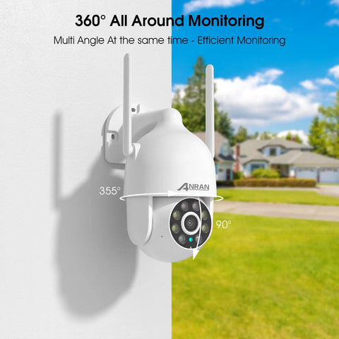 Outdoor 2K WiFi Security Camera With Auto Tracking And Color Night Vision mounted on wall showing 355° pan and 90° tilt.