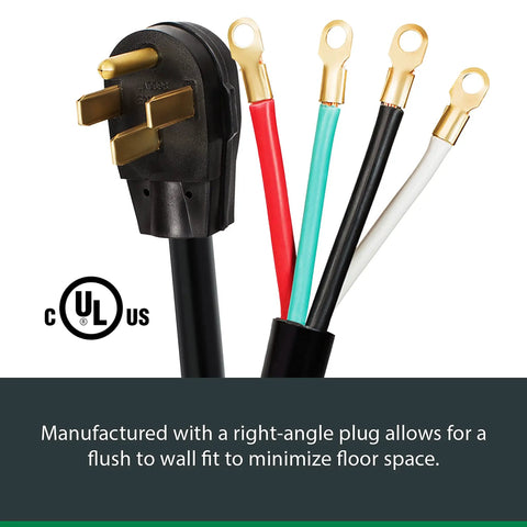 Heavy Duty 4 Wire Range Cord 50 Amp 4 Feet With Right Angle Plug And Strain Relief Durable Ring Terminals Black