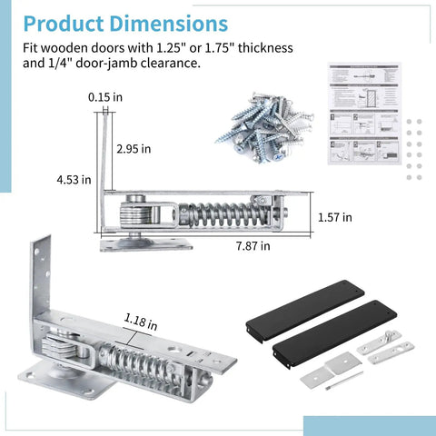 Self-Closing Double Action Wood Door Hinge In Stainless Steel With Adjustable Spring Torque, dimensions, screws and parts.