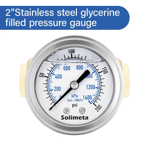 Close-up of a 2 inch stainless steel glycerine-filled pressure gauge from the Push To Connect 2 Inch Liquid Filled Pressure Gauge