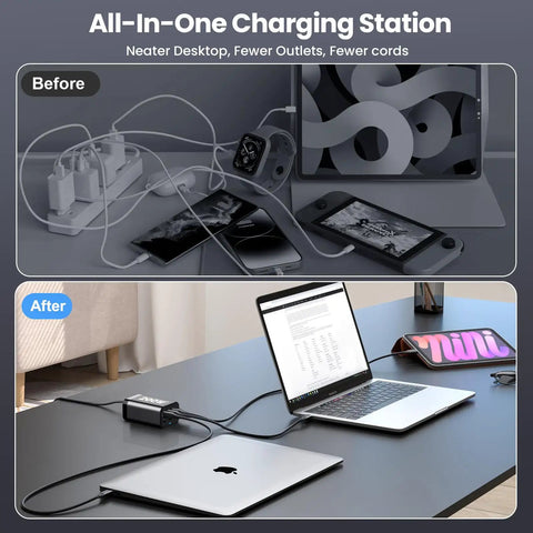 Comparison of cable clutter before and tidy workspace after using Ultra Fast 200W GaN USB C Charger Station With 6 Ports PPS PD 100W Type C Wall Charger Quick Charge Desktop All In One Power Hub For Laptop iPad iPhone Galaxy Pixel Android Dell And More.
