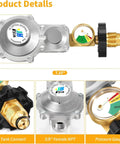 Detailed view of two-stage propane regulator for RVs showing dimensions, POL tank connect, 3/8" NPT, and pressure gauge for stable outdoor use.