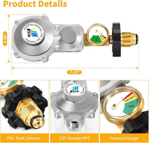 Detailed view of two-stage propane regulator for RVs showing dimensions, POL tank connect, 3/8" NPT, and pressure gauge for stable outdoor use.