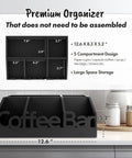 All In One Coffee Bar Organizer For Countertop Wooden Station Caddy with tray for cups and condiments in black, not assembled.