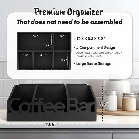 All In One Coffee Bar Organizer For Countertop Wooden Station Caddy with tray for cups and condiments in black, not assembled.
