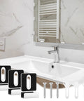 Rock Solid Mirror Clips With All Matching Screws For Secure Wall Mounting Frameless Bracket Hardware Built Tough With Heavy Duty Alloy Steel visible in bathroom setting.