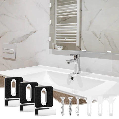 Rock Solid Mirror Clips With All Matching Screws For Secure Wall Mounting Frameless Bracket Hardware Built Tough With Heavy Duty Alloy Steel visible in bathroom setting.