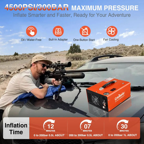 Portable PCP Air Compressor 4500Psi 350W Oil Free Fast Fill Pump With Auto Shut Off Dual Power 12V DC And 110V AC For Paintball Air Rifle And HPA Tanks Safe And Reliable High Performance Gear