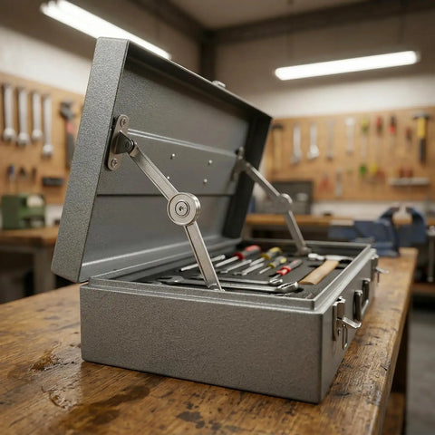 Soft Close Lid Hinges Kit Of 8 With Hydraulic Dampers For Cabinets Chests Wardrobes And Boxes open toolbox on workbench