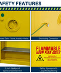 Built Like A Tank 60 Gallon Flammable Safety Cabinet With Self Closing Steel Doors And Heavy Duty Locking Mechanism For Garage Or Industrial Workshop Storage showing safety features like flame arrestor vents and grounding connector.