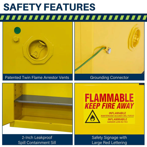 Built Like A Tank 60 Gallon Flammable Safety Cabinet With Self Closing Steel Doors And Heavy Duty Locking Mechanism For Garage Or Industrial Workshop Storage showing safety features like flame arrestor vents and grounding connector.