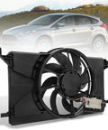 Engine Cooling Radiator Fan Assembly With Brushless Motor And Factory Shroud For Ford Focus Battery EV And 2 Point 0 Liter Engines Direct Swap No Sweat Install Hella Durable Cools Perfectly, showing rear view with 8 blades and 4 pin connector.
