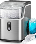 Kismile nugget ice maker countertop, stainless steel body with clear ice hopper and scoop
