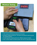 Hands using Electronic Four In One Soil Analyzer for soil acidity, moisture, fertility, and sunlight with easy-read scale display.