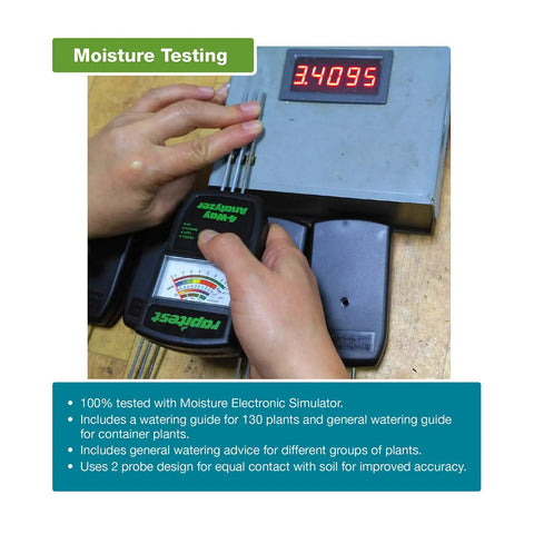 Hands using Electronic Four In One Soil Analyzer for soil acidity, moisture, fertility, and sunlight with easy-read scale display.