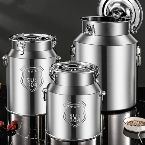 Heavy Duty 304 Stainless Steel Storage Bucket Featuring Tough As Nails Construction And Slick Airtight Lid in three sizes.