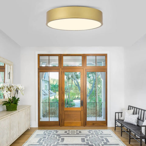 Ultra Sleek Gold Flush Mount Ceiling Light With White Acrylic Shade Contemporary 3 Light Round Fixture in entryway