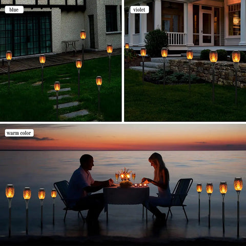 Solar Torch Lights With A Lit Flickering Flame Effect Outdoor Pathway Lights IP65 Waterproof For Garden Patio Yard Landscape Lanterns Auto On Off 10 Pack Easy Install Holiday Christmas Decor illuminating pathways and beaches.