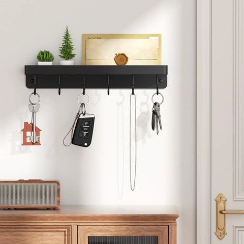 Dope Black Stainless Steel Key Holder With Shelf Wall Mount No Drill Self Adhesive Hooks Rack for Door or Wall with keys
