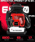 63Cc Beast Gas Backpack Leaf Blower With 205 MPH Airflow And 665 CFM, highlighting engine speed, displacement, and tank capacity