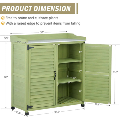 Outdoor Potting Bench With Metal Work Top And Cedar Wood Build, showing dimensions and open cedar wood cabinet with shelves
