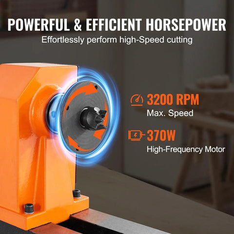 Workhorse Benchtop Wood Lathe 10x18 Inch showing high-frequency motor and 3200 RPM max speed for DIY woodworking