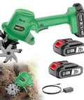 20V Cordless Tiller Cultivator With 2x 2.0Ah Batteries And Charger displayed with green handle and metal tines