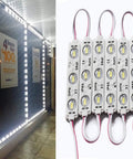 LED Sign Letter Modules 200 Pieces Spanning 99 Feet 6000K White Light 5730 SMD 150LM Per LED Module IP65 Waterproof For Ads And Signage DIY Window Letter Lighting, shown in use on window display and module close-up.