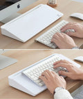 Compact Glass Dry Erase Whiteboard With Built In Keyboard Stand And Drawer Your Go To Desk Organizer For Office Home And School Smooth Writing Surface And Easy To Wipe White Board Pad displayed on desk with keyboard