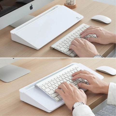 Compact Glass Dry Erase Whiteboard With Built In Keyboard Stand And Drawer Your Go To Desk Organizer For Office Home And School Smooth Writing Surface And Easy To Wipe White Board Pad displayed on desk with keyboard