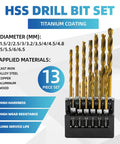 Heavy Duty 13 Piece Cobalt Drill Bit Set With Titanium Coating For Tough Jobs Like Metal Wood And Plastic Quick Hex Shank Design That Cuts Through Steel Fast Without Heat Buildup Perfect For Any Pro or DIY Guy Looking For Reliable High Speed Bits Right. 13-piece titanium-coated HSS drill bit set in case