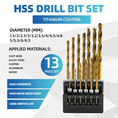 Heavy Duty 13 Piece Cobalt Drill Bit Set With Titanium Coating For Tough Jobs Like Metal Wood And Plastic Quick Hex Shank Design That Cuts Through Steel Fast Without Heat Buildup Perfect For Any Pro or DIY Guy Looking For Reliable High Speed Bits Right. 13-piece titanium-coated HSS drill bit set in case