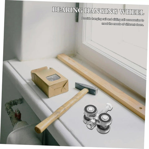Top Shelf Stainless Steel Sliding Door Wheels Replacement Kit Featuring Dual Bearing Pulleys For Effortless Barn Door And Greenhouse Slider Upgrades That Roll Like Butter, shown with tools on a work surface.