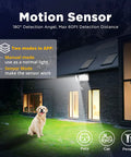 Smart WiFi Outdoor LED Security Light With Motion Sensor illuminating house exterior at night, dog in yard