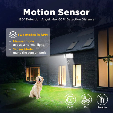 Smart WiFi Outdoor LED Security Light With Motion Sensor illuminating house exterior at night, dog in yard