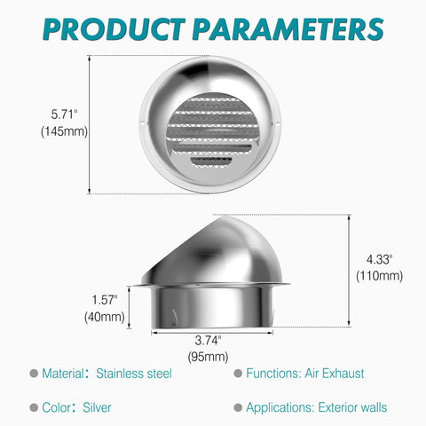 4 Inch Wall Vent Cover With Screen Mesh Made Of Stainless Steel Round Exterior Exhaust Vent For Outdoor Dryer Or Ventilation System 95mm Diameter Rust Resistant Weatherproof Easy Install, showing dimensions and materials.