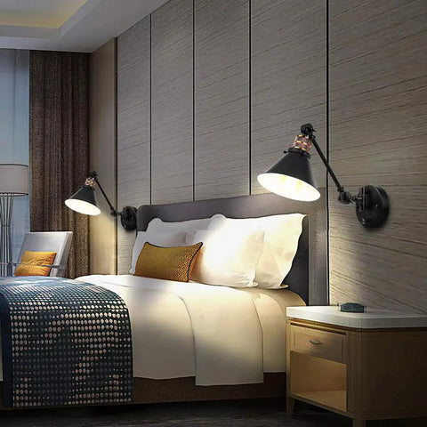 Bedroom with Plug In Wall Sconces Two Pack With Swing Arm, Dimmable Rotary Dimmer Switch, Black Metal Vintage Industrial Lighting