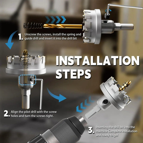Installation steps for Carbide Hole Saw Set 5 Pc Kit With TCT Tips For Stainless Steel Iron Aluminum Plastic, showing drill bit attachment.