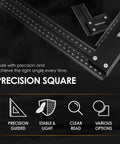 Front view of Woodraphic 8-inch aluminum woodworking square with right-angle ruler