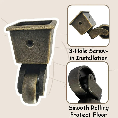 Set Of Four Antique Polished Square Tapered Cup Casters With Ultra Slick Rolling One Inch Wheels For Easy Furniture Hauling And Nifty Home Improvement Projects showing a caster with 3-hole screw-in installation.