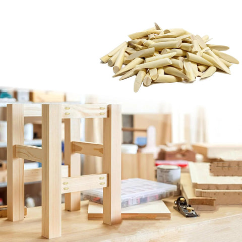 Solid Wood Pocket Hole Plugs Set Pine Wood Plugs and small wooden table frame in a workshop setting