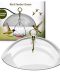 Clear Dome Bird Feeder Rain Guard Ten And A Half Inch Weather Shield for Hanging Feeders with birds in garden setting