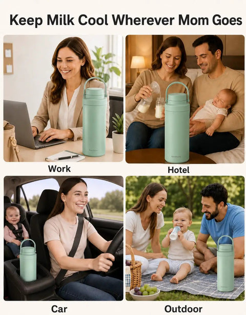 Skip The Ice Pack Struggle Portable Breast Milk Cooler Keeps Fresh Up To 24 Hours Durable Design For Two Bottles in various settings.