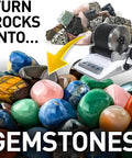 All In One Stone Polishing Kit With Rock Tumbler And Polishing Grits For DIY Gemstones Includes Rough Stones And Rotating Bucket A No Brainer Beginner Friendly Rock Polisher Set For Home Projects image showing polished gemstones and rock tumbler