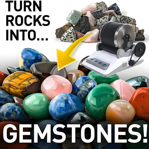 All In One Stone Polishing Kit With Rock Tumbler And Polishing Grits For DIY Gemstones Includes Rough Stones And Rotating Bucket A No Brainer Beginner Friendly Rock Polisher Set For Home Projects image showing polished gemstones and rock tumbler